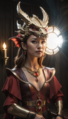 1girl,solo,long hair,breasts,looking at viewer,brown hair,dress,cleavage,brown eyes,jewelry,medium breasts,collarbone,upper body,earrings,small breasts,horns,necklace,armor,blurry,lips,helmet,fire,gem,pendant,realistic,nose,fantasy,vambraces,candle,bracer,candlestand,candlelight,belt,dragon