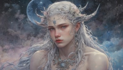 1girl,solo,long hair,looking at viewer,blue eyes,hair ornament,bare shoulders,jewelry,upper body,white hair,earrings,parted lips,horns,sky,pointy ears,cloud,necklace,lips,grey eyes,night,wavy hair,moon,gem,portrait,star (sky),night sky,full moon,starry sky,circlet,realistic,grey hair,expressionless,nose