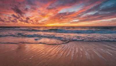 outdoors, sky, cloud, water, dutch angle, no humans, ocean, beach, cloudy sky, scenery, sunset, sand, horizon, waves, shore, orange sky