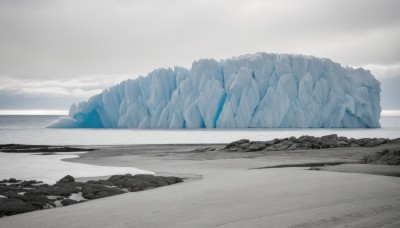 monochrome,outdoors,sky,day,cloud,water,no humans,ocean,beach,cloudy sky,scenery,rock,mountain,sand,horizon,road,landscape,mountainous horizon,lake,shore,sunlight,snow,ice,fog,grey sky