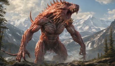 solo,open mouth,red eyes,standing,tail,weapon,outdoors,horns,sky,teeth,day,cloud,tree,no humans,muscular,glowing,fangs,cloudy sky,sharp teeth,nature,scenery,glowing eyes,claws,forest,monster,mountain,fantasy,giant,mountainous horizon,blue sky,bird,spikes,dragon,scales,fog,dinosaur,kaijuu