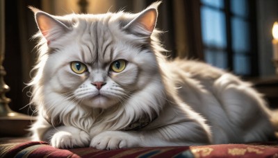 HQ,solo,looking at viewer,closed mouth,yellow eyes,lying,indoors,blurry,no humans,window,depth of field,blurry background,animal,cat,on stomach,curtains,realistic,candle,animal focus,yellow sclera,whiskers,green eyes,signature,slit pupils,colored sclera,candlestand