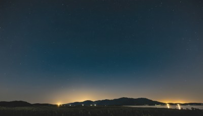 outdoors,sky,cloud,no humans,night,grass,star (sky),night sky,scenery,starry sky,sunset,mountain,horizon,road,lamppost,landscape,mountainous horizon,hill,field,city lights