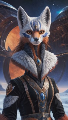 1girl,solo,looking at viewer,smile,long sleeves,1boy,animal ears,brown eyes,jewelry,closed mouth,jacket,upper body,male focus,outdoors,sky,belt,artist name,signature,black jacket,orange eyes,fur trim,night,moon,brooch,gem,star (sky),night sky,furry,full moon,starry sky,fur collar,furry female,furry male,body fur,white fur,whiskers,black fur,orange fur,necklace,no humans,crystal