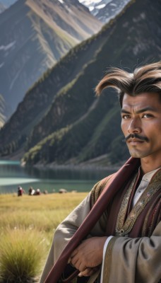 solo,looking at viewer,brown hair,long sleeves,1boy,holding,brown eyes,closed mouth,upper body,weapon,male focus,outdoors,multiple boys,solo focus,day,wide sleeves,blurry,blurry background,facial hair,chinese clothes,grass,staff,beard,mountain,realistic,mustache,field,old,old man,black hair,jewelry,sky,depth of field,3boys