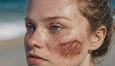 1girl,solo,looking at viewer,brown hair,brown eyes,closed mouth,parted lips,blurry,lips,depth of field,blurry background,scar,single hair bun,portrait,close-up,freckles,realistic,nose,blue eyes,grey eyes,eyelashes,looking away,looking afar,dirty