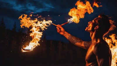 solo,open mouth,black hair,1boy,upper body,male focus,sky,tattoo,night,fire,nature,smoke,topless male,smoking,smoking pipe,kiseru,burning,short hair,holding,nude,outdoors,from side,tree,profile,muscular,arm tattoo,shoulder tattoo,holding smoking pipe,full-body tattoo