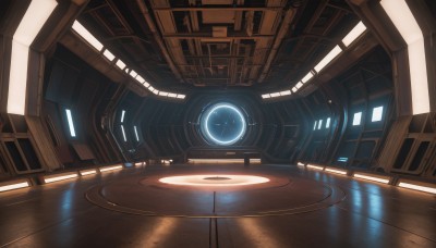 indoors,no humans,window,scenery,reflection,science fiction,clock,light,hallway,wooden floor,realistic,space,planet,spacecraft