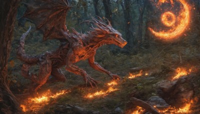 tail,outdoors,wings,horns,teeth,tree,no humans,night,glowing,moon,fire,sharp teeth,nature,scenery,claws,forest,monster,fantasy,dragon,scales,breathing fire,solo,red eyes,glowing eyes,crescent moon