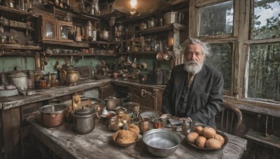 solo,shirt,long sleeves,1boy,sitting,jacket,white hair,grey hair,male focus,food,day,indoors,tree,cup,coat,black jacket,window,facial hair,scar,chair,table,bottle,plant,scenery,beard,scar on face,plate,alcohol,drinking glass,rain,bowl,wooden floor,spoon,mustache,scar across eye,basket,potted plant,lamp,teapot,bread,old,old man,shelf,jar,counter,loaded interior,holding,upper body,necktie,vest,fruit,formal,suit,knife,black necktie,snow,realistic,kitchen,kettle,onion