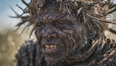 solo,open mouth,1boy,weapon,outdoors,teeth,blurry,no humans,blurry background,monster,realistic,giant,smile,upper body,male focus,horns,grin,portrait,facing viewer,horror (theme)