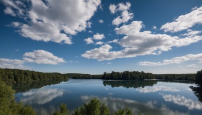 outdoors,sky,day,cloud,water,tree,blue sky,no humans,cloudy sky,nature,scenery,forest,reflection,mountain,river,landscape,lake,reflective water,grass,horizon