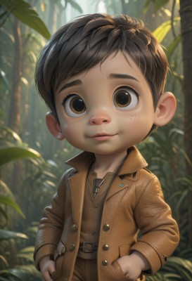 solo,looking at viewer,smile,short hair,brown hair,shirt,black hair,long sleeves,1boy,brown eyes,standing,jacket,male focus,outdoors,parted lips,open clothes,day,belt,blurry,tree,lips,coat,buttons,blurry background,leaf,plant,child,nature,forest,freckles,brown jacket,realistic,hands in pockets,male child,brown coat,artist name,chibi,vest,watermark,thick eyebrows,web address,nose,leather,leather jacket