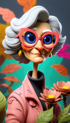 1girl,solo,looking at viewer,smile,short hair,blue eyes,jewelry,upper body,flower,white hair,grey hair,earrings,glasses,lips,makeup,leaf,lipstick,old,old woman,shirt,closed mouth,jacket,parted lips,artist name,blurry,torn clothes,black shirt,eyelashes,depth of field,blurry background,turtleneck,pink flower,curly hair