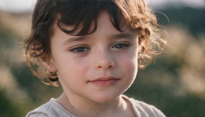 1girl,solo,looking at viewer,short hair,bangs,blue eyes,blonde hair,brown hair,shirt,closed mouth,white shirt,blurry,lips,depth of field,blurry background,portrait,curly hair,realistic,nose,black hair,outdoors,eyelashes,wind,close-up