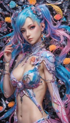 1girl,solo,long hair,breasts,looking at viewer,bangs,blue eyes,hair ornament,navel,cleavage,twintails,jewelry,medium breasts,very long hair,closed mouth,blue hair,upper body,pink hair,flower,multicolored hair,earrings,midriff,stomach,nail polish,armor,bracelet,two-tone hair,aqua eyes,lips,fingernails,aqua hair,gradient hair,makeup,piercing,ring,ear piercing,revealing clothes,eyeshadow,fish,pink lips,realistic,nose,navel piercing,mascara,artist name,eyelashes,watermark,shoulder armor,gem,web address,armlet,long fingernails