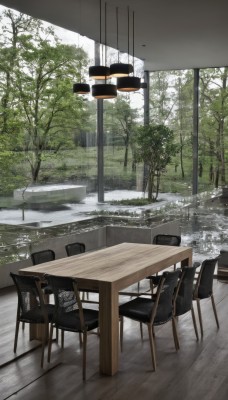 outdoors,day,indoors,water,tree,no humans,chair,table,nature,scenery,snow,forest,reflection,wooden floor,lamp,sitting,window,plant,bench