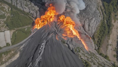 outdoors,wings,sky,cloud,tree,dutch angle,no humans,fire,scenery,smoke,monster,mountain,burning,plant