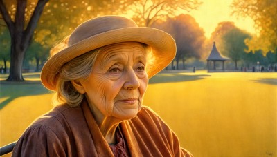 HQ,1girl,solo,looking at viewer,smile,hat,brown eyes,closed mouth,upper body,grey hair,outdoors,japanese clothes,signature,mole,tree,lips,mole under eye,portrait,sun hat,realistic,road,old,old man,old woman,wrinkled skin