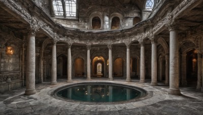 indoors,no humans,window,chain,sunlight,scenery,reflection,stairs,fantasy,door,light,candle,architecture,tile floor,pillar,hallway,church,arch,column,stone floor,vanishing point,day,light particles,ruins