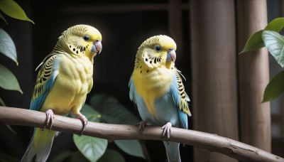 HQ,blue eyes,closed mouth,standing,outdoors,blurry,looking at another,from side,no humans,depth of field,blurry background,bird,animal,leaf,plant,realistic,branch,animal focus,pillar,beak,parrot,looking at viewer,sunlight,nature,owl