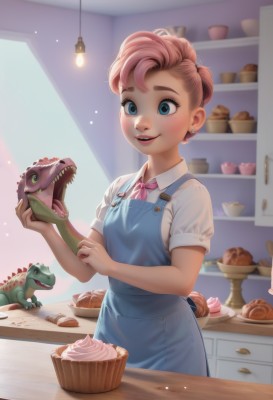 1girl,solo,breasts,smile,short hair,open mouth,blue eyes,shirt,bow,holding,jewelry,standing,white shirt,pink hair,short sleeves,multicolored hair,cowboy shot,earrings,parted lips,food,teeth,collared shirt,artist name,indoors,bowtie,apron,lips,fruit,animal,piercing,thick eyebrows,pink bow,ear piercing,plate,freckles,cake,realistic,nose,frog,stud earrings,overalls,pink bowtie,kitchen,cupcake,blue apron,blush,aged down,cookie,shop,light bulb