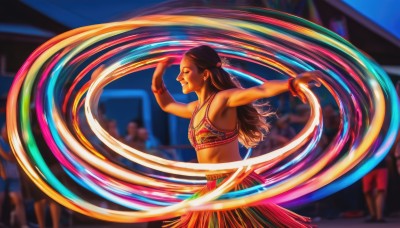 1girl,solo,long hair,breasts,smile,skirt,brown hair,bare shoulders,jewelry,closed eyes,earrings,small breasts,outdoors,solo focus,midriff,dark skin,armpits,necklace,blurry,arm up,flat chest,bracelet,from side,dark-skinned female,profile,blurry background,dancing,crowd,black hair,hair ornament,navel,feathers,tribal,native american