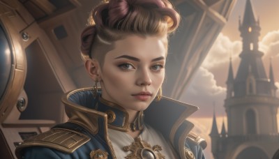 1girl,solo,looking at viewer,short hair,brown hair,brown eyes,jewelry,closed mouth,jacket,upper body,multicolored hair,earrings,sky,cloud,dark skin,necklace,two-tone hair,dark-skinned female,lips,makeup,cloudy sky,portrait,realistic,nose,undercut,steampunk,outdoors,choker,mole,official alternate costume,mole under eye,high collar,hair behind ear,blue coat