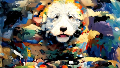 HQ,solo,open mouth,full body,tongue,pokemon (creature),no humans,animal,fangs,from above,dog,animal focus,abstract,abstract background,looking at viewer,cloud,rock,white fur