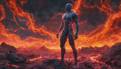 solo, 1boy, standing, full body, male focus, sky, cloud, glowing, fire, alien, molten rock