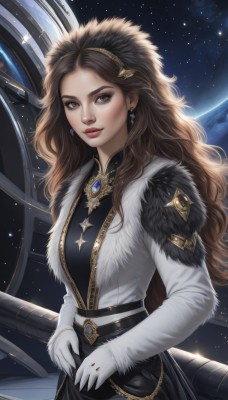 1girl,solo,long hair,breasts,looking at viewer,skirt,brown hair,gloves,long sleeves,dress,brown eyes,jewelry,hairband,earrings,sky,belt,artist name,white gloves,signature,black dress,lips,coat,fur trim,wavy hair,brooch,gem,star (sky),starry sky,realistic,nose,space,planet,earth (planet),hair ornament,medium breasts,makeup,red lips