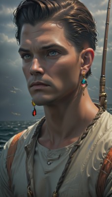 solo,short hair,blue eyes,brown hair,shirt,black hair,1boy,jewelry,closed mouth,collarbone,white shirt,upper body,male focus,earrings,outdoors,sky,day,cloud,water,necklace,lips,facial hair,bird,ocean,scar,sunlight,cloudy sky,portrait,scar on face,realistic,nose,looking afar,fishing rod,seagull,blurry,expressionless,close-up