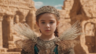 1girl,solo,long hair,looking at viewer,blue eyes,blonde hair,brown hair,closed mouth,upper body,braid,outdoors,wings,sky,day,armor,blurry,blue sky,lips,single braid,depth of field,blurry background,expressionless,crown,shoulder armor,portrait,freckles,realistic,fantasy,pauldrons