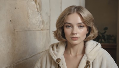 1girl,solo,looking at viewer,short hair,blonde hair,brown hair,brown eyes,closed mouth,collarbone,upper body,indoors,hood,medium hair,blurry,lips,coat,parted bangs,grey eyes,hoodie,blurry background,hood down,portrait,realistic,nose,white coat,wall,bangs,parted lips,forehead