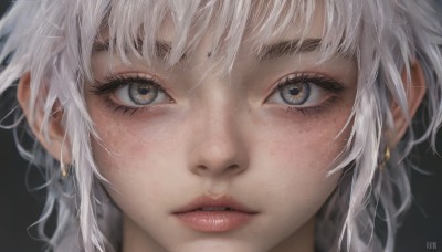 1girl,solo,looking at viewer,short hair,bangs,blue eyes,simple background,jewelry,white hair,earrings,parted lips,teeth,artist name,lips,grey eyes,eyelashes,portrait,close-up,freckles,realistic,nose,eye focus,pointy ears,black background