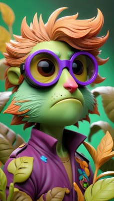 solo,short hair,shirt,1boy,jewelry,closed mouth,jacket,upper body,flower,male focus,glasses,orange hair,blurry,colored skin,frown,leaf,goggles,freckles,green background,round eyewear,purple shirt,purple jacket,green skin,tinted eyewear,brown hair,brown eyes,artist name,bird,feathers,spiked hair