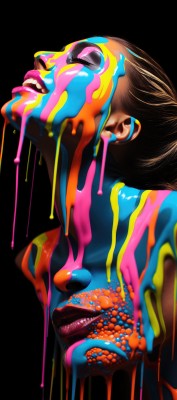 1girl,solo,long hair,open mouth,simple background,brown hair,closed eyes,upper body,parted lips,teeth,tongue,lips,makeup,looking up,black background,eyeshadow,nose,dripping,slime (substance),surreal,paint,head back,tongue out,lipstick