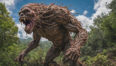 solo,open mouth,red eyes,outdoors,sky,teeth,day,cloud,tree,blue sky,no humans,glowing,cloudy sky,sharp teeth,nature,scenery,glowing eyes,claws,forest,monster,giant,alien,dinosaur,kaijuu,fangs,plant,realistic