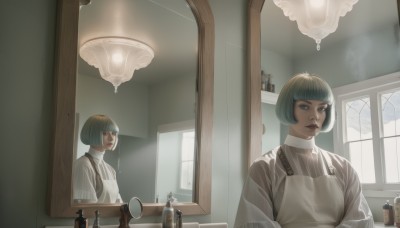 1girl,solo,short hair,bangs,blue eyes,shirt,closed mouth,white shirt,upper body,grey hair,indoors,blunt bangs,apron,sweater,lips,window,makeup,bob cut,bottle,lipstick,reflection,mirror,bathroom,sink,light bulb,looking at viewer,black hair,dress,realistic,nose,red lips