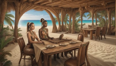 long hair,breasts,smile,multiple girls,brown hair,black hair,dress,2girls,cleavage,bare shoulders,brown eyes,jewelry,medium breasts,sitting,ponytail,earrings,boots,outdoors,food,sky,day,dark skin,water,necklace,bracelet,dark-skinned female,tree,cup,lips,ocean,chair,beach,table,high ponytail,knife,plate,sand,palm tree,fork,wooden table,blue eyes,sideboob,scenery