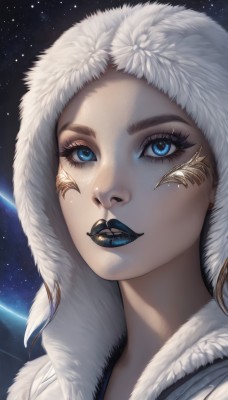 1girl,solo,looking at viewer,blue eyes,blonde hair,parted lips,artist name,hood,lips,coat,fur trim,eyelashes,makeup,lipstick,portrait,star (sky),close-up,eyeshadow,hood up,freckles,nose,alien,blue lips,black lips,white hair,earrings,sky,starry sky,realistic,space,mascara