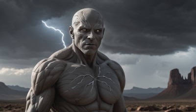 solo,looking at viewer,1boy,closed mouth,nipples,yellow eyes,upper body,male focus,outdoors,sky,cloud,muscular,colored skin,abs,cloudy sky,pectorals,muscular male,colored sclera,veins,mountain,realistic,black sclera,bald,manly,grey skin,lightning,no humans,scenery,large pectorals