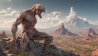 solo,open mouth,standing,outdoors,sky,teeth,day,cloud,blue sky,no humans,cloudy sky,sharp teeth,scenery,claws,science fiction,monster,rock,mountain,fantasy,giant,landscape,alien,mountainous horizon,1boy,yellow eyes,muscular,robot,veins