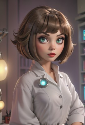 1girl,solo,breasts,looking at viewer,short hair,bangs,brown hair,shirt,long sleeves,closed mouth,green eyes,white shirt,upper body,small breasts,collared shirt,belt,artist name,indoors,blurry,lips,eyelashes,dress shirt,makeup,buttons,blurry background,bob cut,lipstick,freckles,nose,bookshelf,red lips,lamp,shelf,mascara,blush,watermark,web address,eyeshadow,eyeliner,cyborg,deviantart username