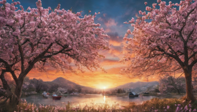 flower, outdoors, sky, cloud, water, tree, no humans, grass, cherry blossoms, scenery, sunset, mountain, watercraft, river, boat