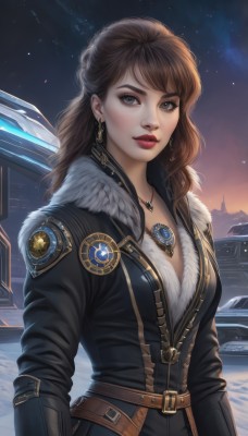 1girl,solo,long hair,breasts,looking at viewer,brown hair,long sleeves,cleavage,jewelry,medium breasts,upper body,earrings,outdoors,parted lips,sky,belt,necklace,lips,coat,grey eyes,fur trim,makeup,night,lipstick,gem,star (sky),night sky,motor vehicle,snow,buckle,pendant,starry sky,realistic,nose,red lips,bangs,brown eyes,jacket,weapon,sword,artist name,black jacket,eyelashes,fur collar