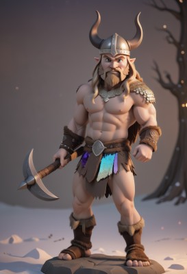 solo,long hair,looking at viewer,blue eyes,blonde hair,1boy,navel,holding,nipples,standing,full body,weapon,male focus,thighs,horns,pointy ears,stomach,holding weapon,armor,tree,muscular,facial hair,thick thighs,abs,sandals,thick eyebrows,helmet,pectorals,muscular male,shoulder armor,bara,pelvic curtain,beard,snow,large pectorals,pauldrons,topless male,mature male,mustache,fake horns,axe,bare pectorals,loincloth,biceps,navel hair,holding axe,horned helmet