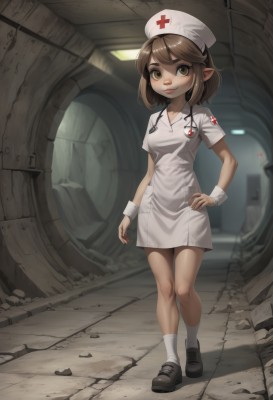 1girl,solo,breasts,looking at viewer,smile,short hair,bangs,brown hair,hat,dress,brown eyes,closed mouth,standing,full body,short sleeves,small breasts,shoes,pointy ears,socks,artist name,indoors,black footwear,white dress,lips,hand on hip,wrist cuffs,short dress,cross,white socks,loafers,nurse cap,nurse,stethoscope,red cross,medium breasts,bare legs,name tag