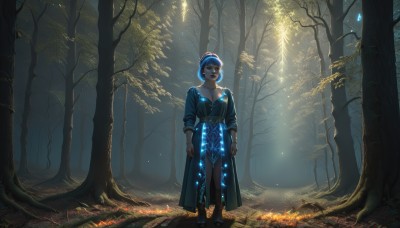 1girl,solo,breasts,looking at viewer,short hair,bangs,blue eyes,long sleeves,dress,cleavage,jewelry,medium breasts,closed mouth,blue hair,standing,collarbone,full body,boots,outdoors,belt,necklace,tree,lips,blue dress,glowing,nature,scenery,forest,backlighting,walking,fantasy,arms at sides,black hair,barefoot,artist name,hair bun,sunlight,single hair bun,grass,bug,gem,pendant,wide shot