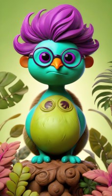 solo,looking at viewer,smile,closed mouth,standing,purple eyes,full body,purple hair,flower,glasses,artist name,gradient,gradient background,pokemon (creature),no humans,bird,leaf,plant,green background,round eyewear,animal focus,colored skin,frown,watermark,blue skin